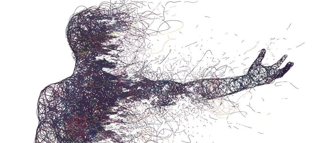 Silhouette of a figure dissolving into abstract colorful threads