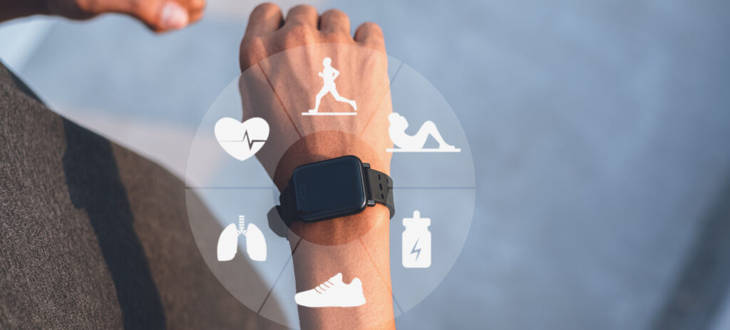 Running man with smart watch. Concept of The technology to check health while exercising.