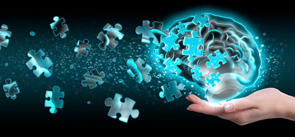 Amnesia. Woman holding illustration of brain with flying out puzzle pieces on black background, closeup. Banner design